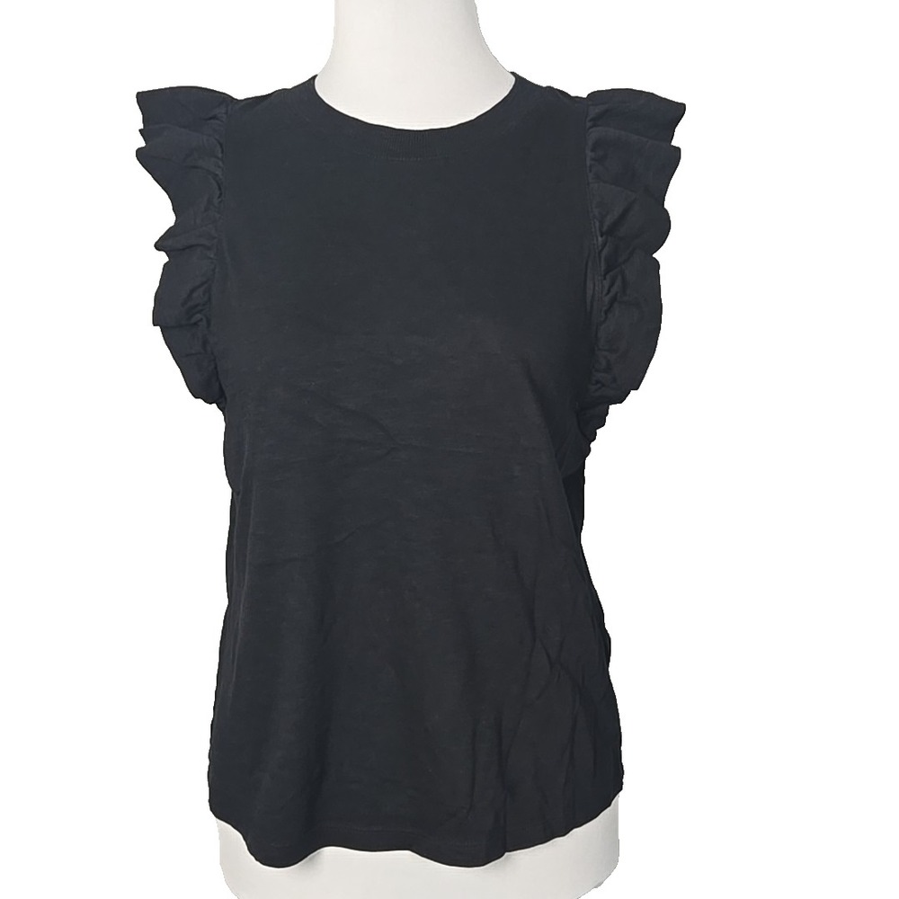 Banana Republic Women's Small S Malibu Tee Crew Neck Ruffle Sleeveless Black Top